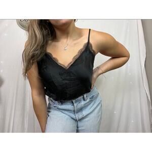 Victoria’s Secret Black Lace Trim Cami Top – Size Large – Satin Lingerie Style